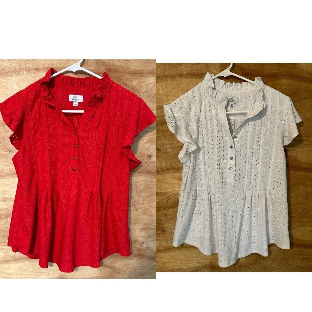 Lot Of 2 Kim Rogers Eyelet Pullover Flutter Sleeve Shirt Top Blouse Women’s PS
